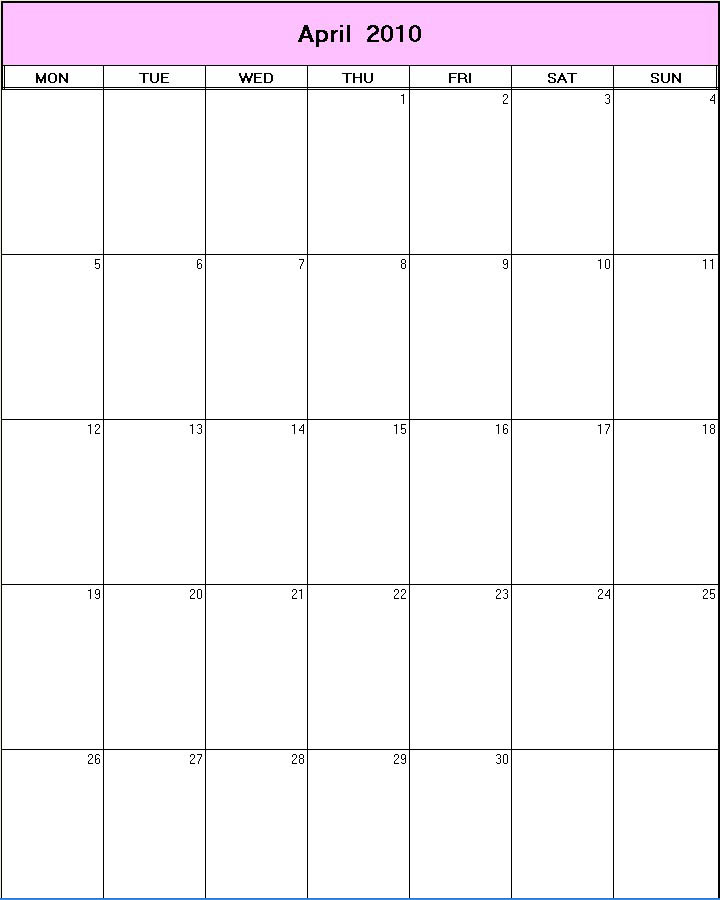 printable blank calendar image for April 2010