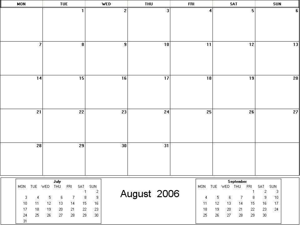 printable blank calendar image for August 2006