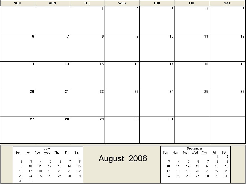 printable blank calendar image for August 2006
