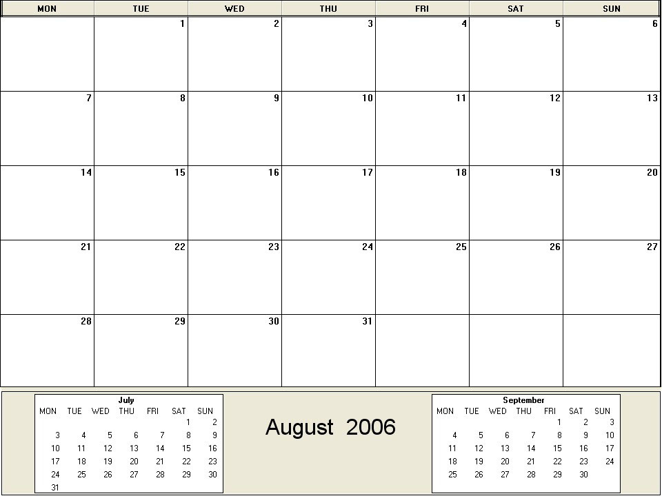 printable blank calendar image for August 2006