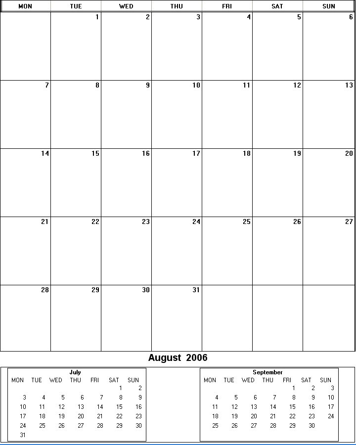 printable blank calendar image for August 2006