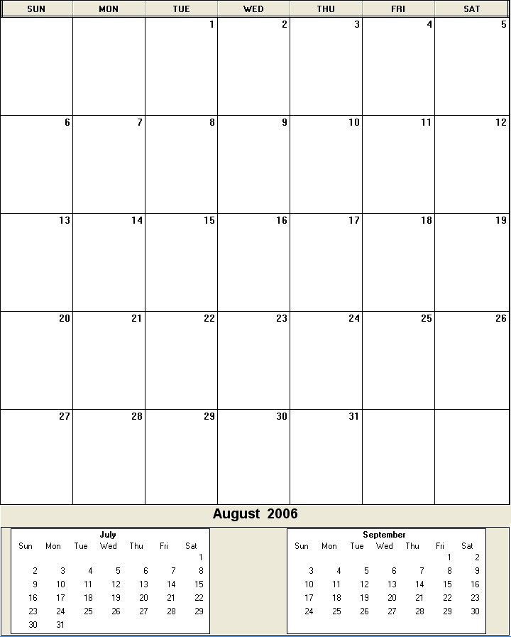 printable blank calendar image for August 2006