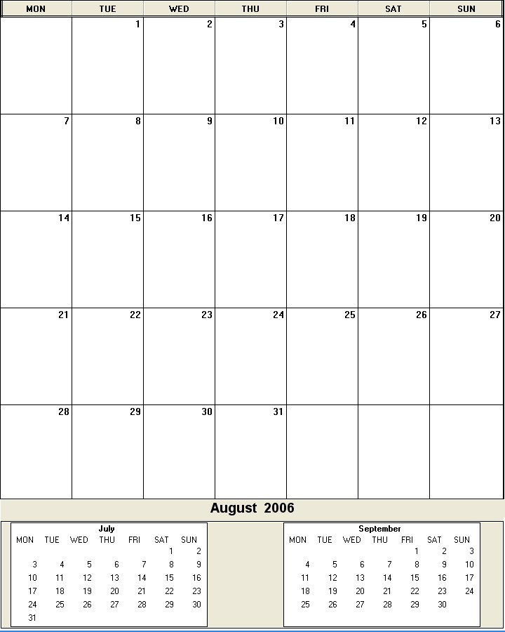 printable blank calendar image for August 2006