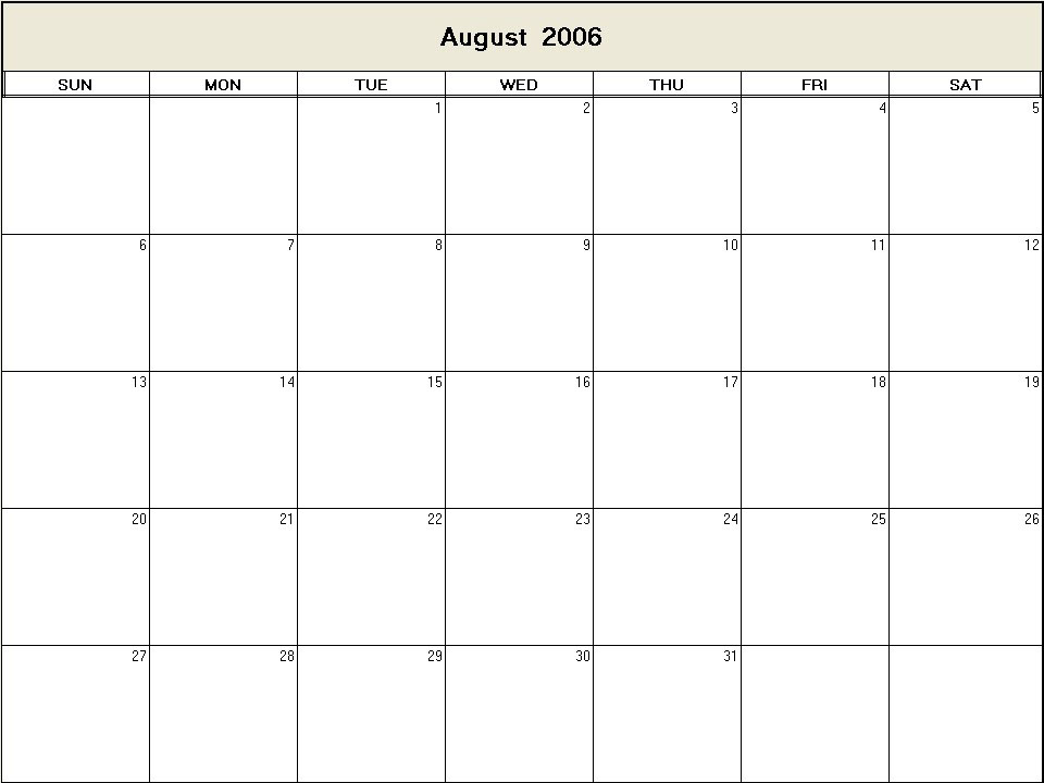 printable blank calendar image for August 2006