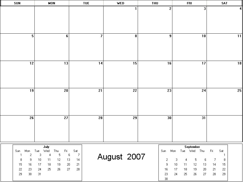 printable blank calendar image for August 2007