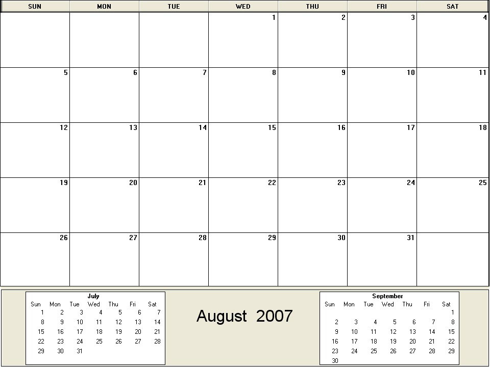 printable blank calendar image for August 2007