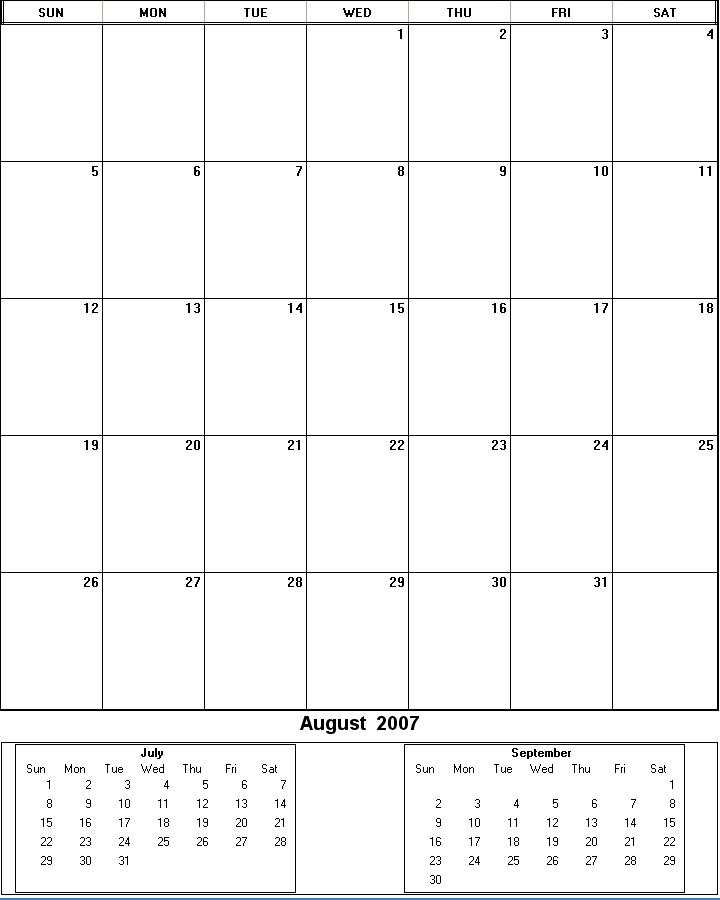 printable blank calendar image for August 2007