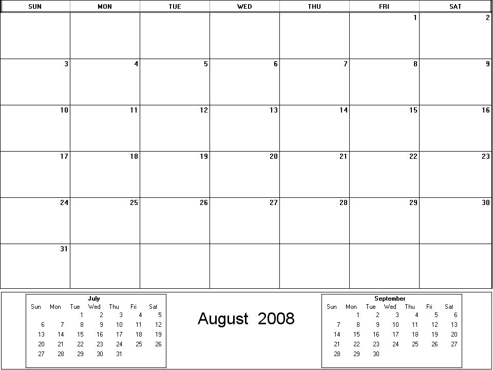 printable blank calendar image for August 2008