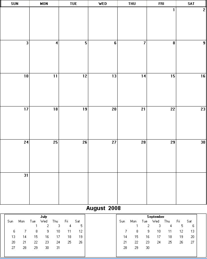 printable blank calendar image for August 2008