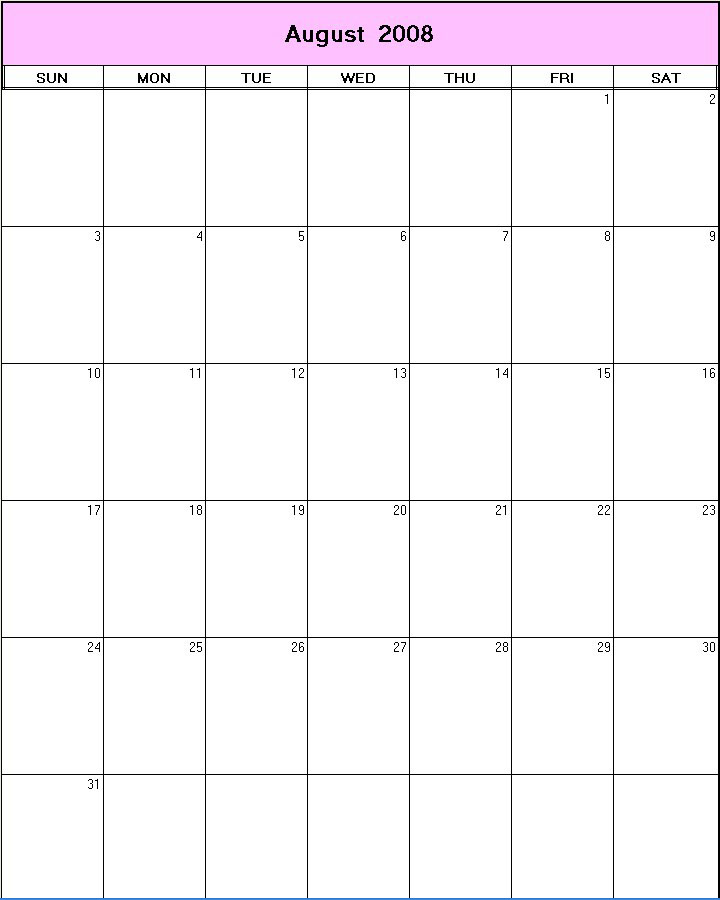 August 2008 printable blank calendar