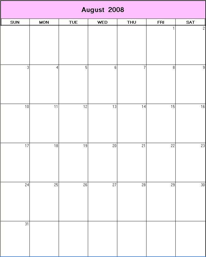 printable blank calendar image for August 2008