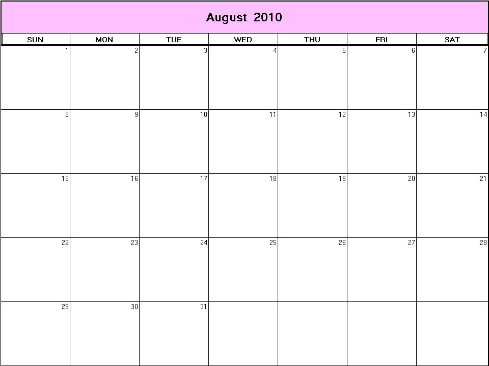 printable blank calendar image for August 2010