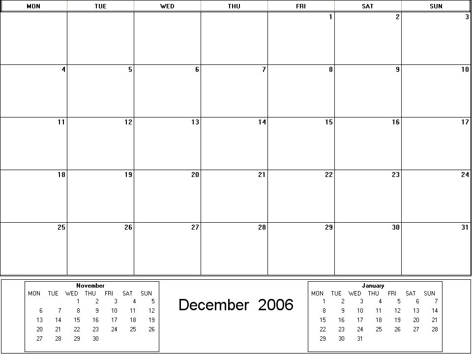 printable blank calendar image for December 2006