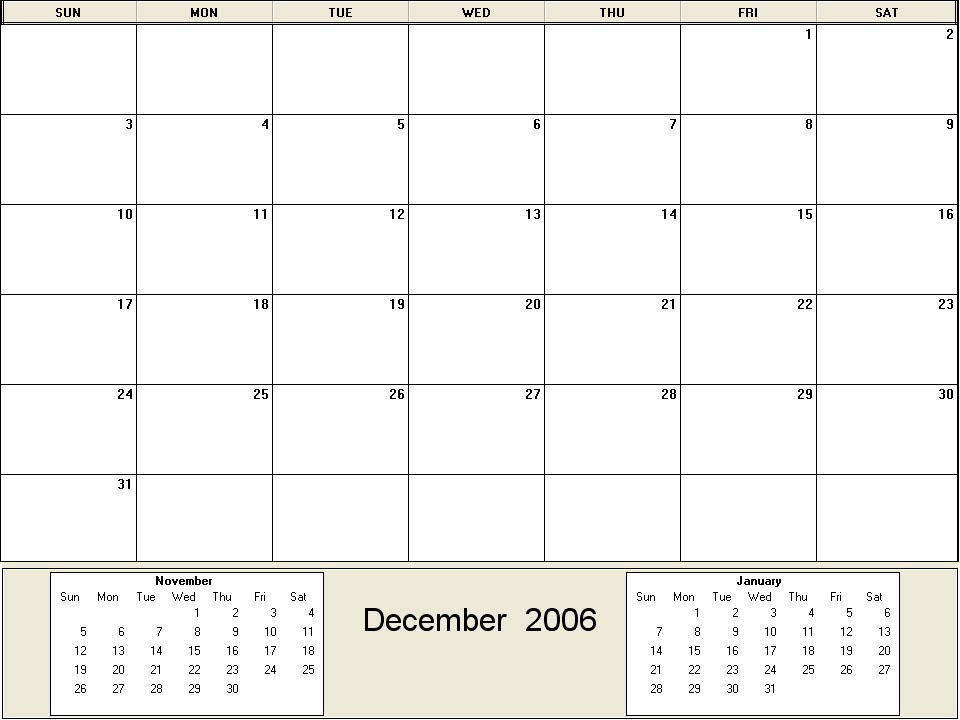 printable blank calendar image for December 2006