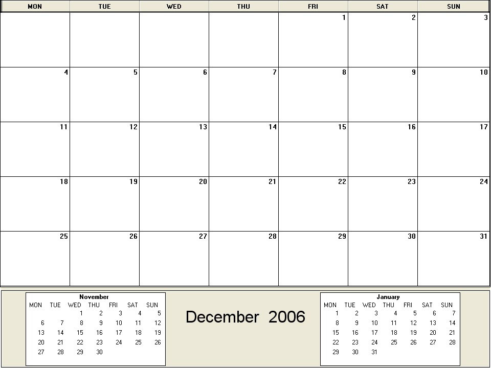 printable blank calendar image for December 2006