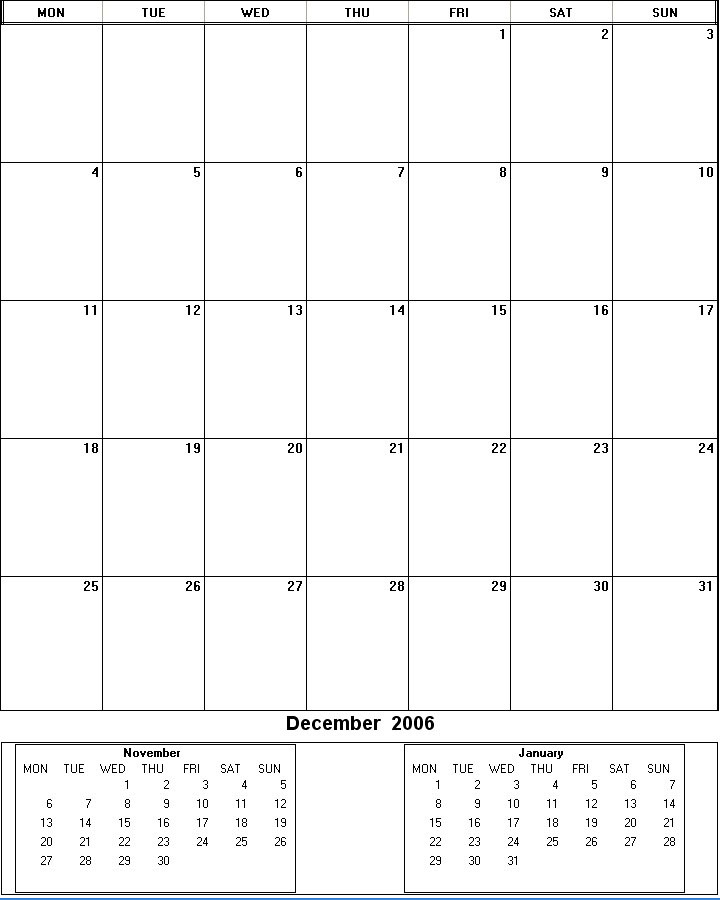 printable blank calendar image for December 2006