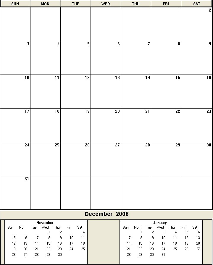 printable blank calendar image for December 2006