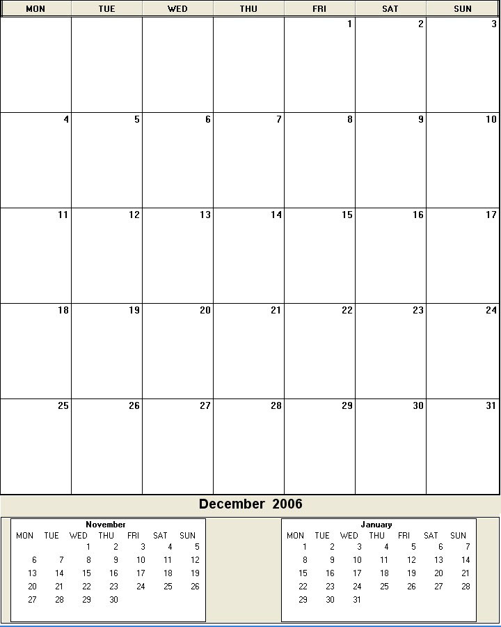 printable blank calendar image for December 2006