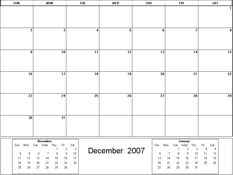 printable blank calendar image for December 2007