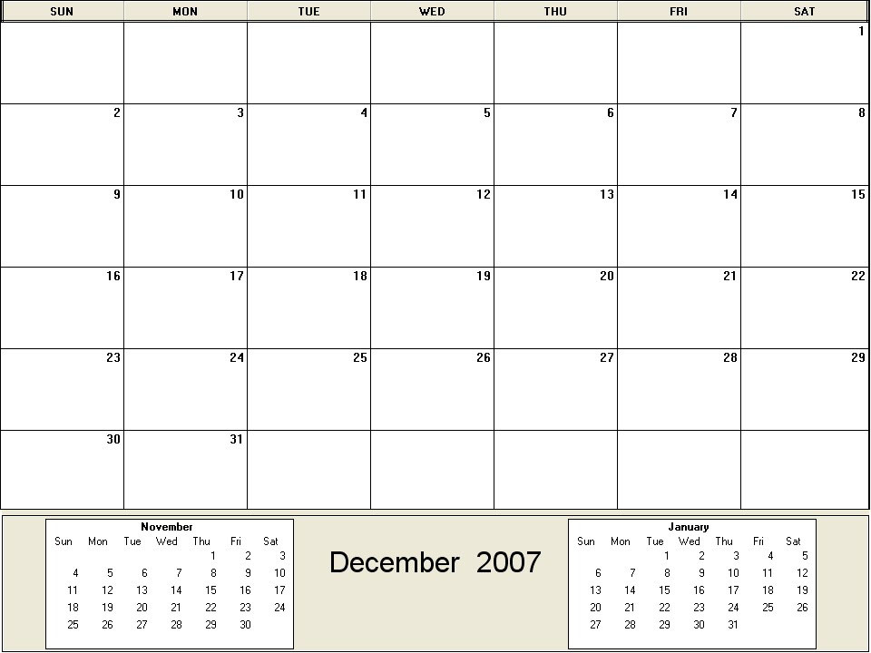 printable blank calendar image for December 2007