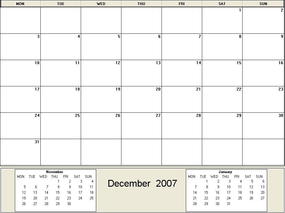 printable blank calendar image for December 2007