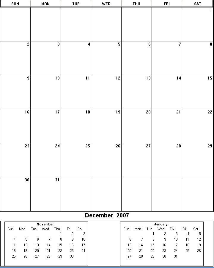 printable blank calendar image for December 2007