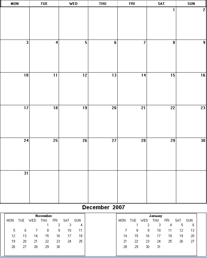 printable blank calendar image for December 2007