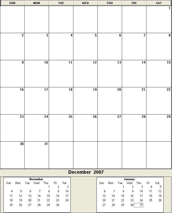 printable blank calendar image for December 2007