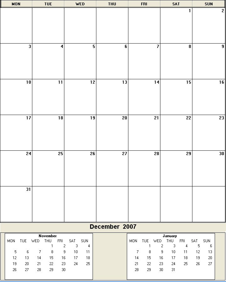 printable blank calendar image for December 2007