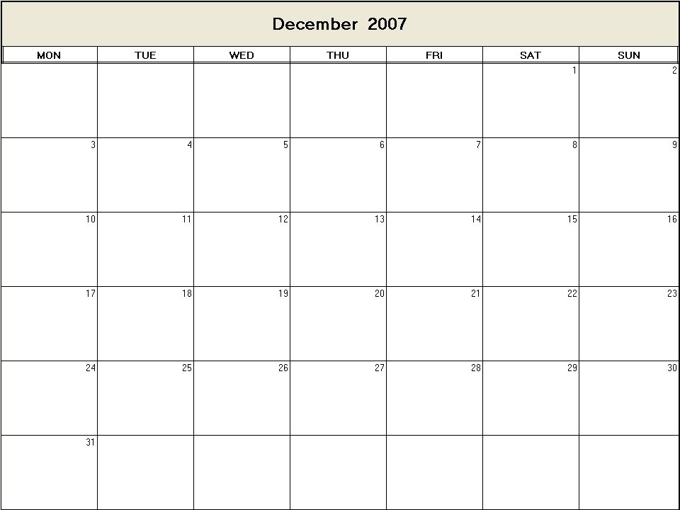 printable blank calendar image for December 2007