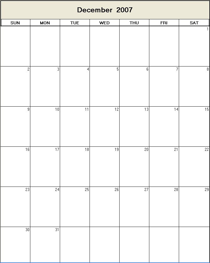 printable blank calendar image for December 2007