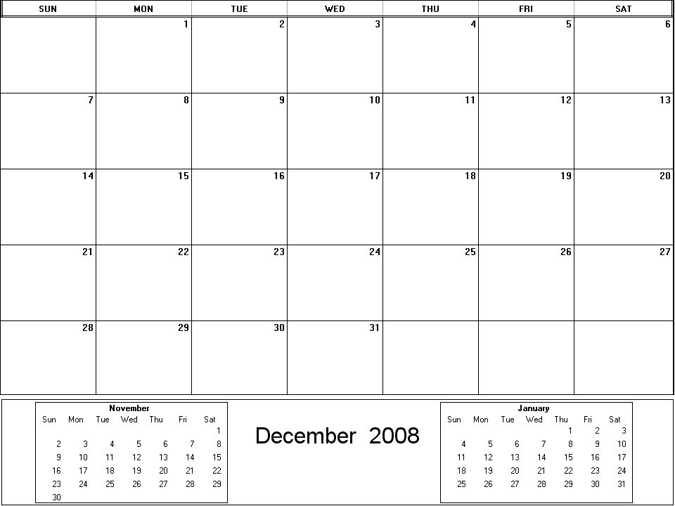 printable blank calendar image for December 2008