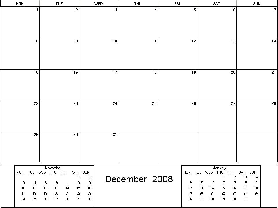 printable blank calendar image for December 2008