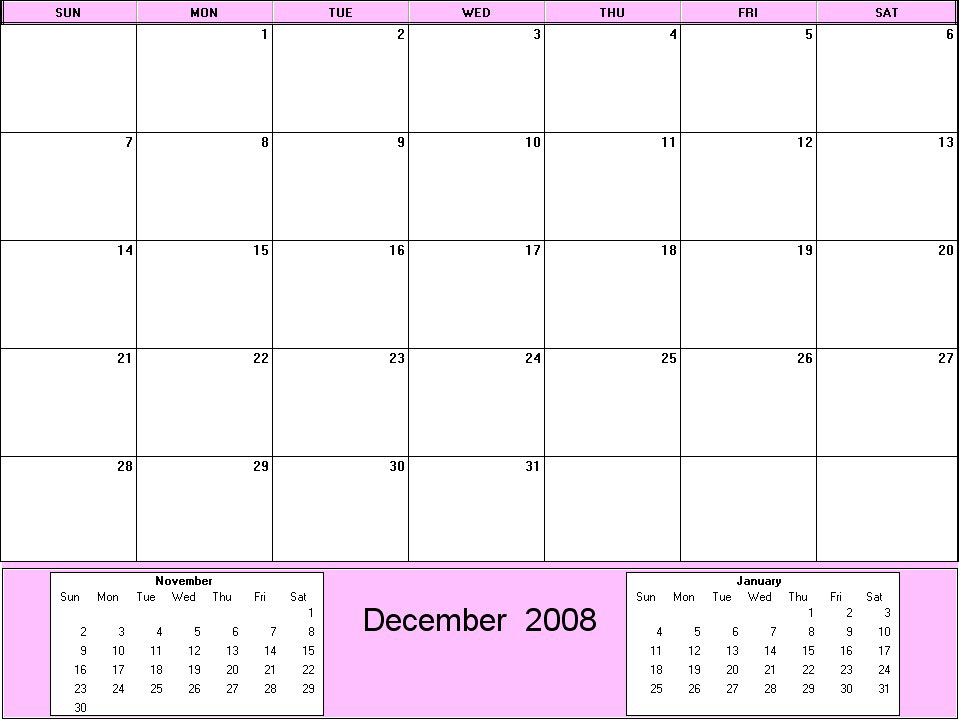 printable blank calendar image for December 2008