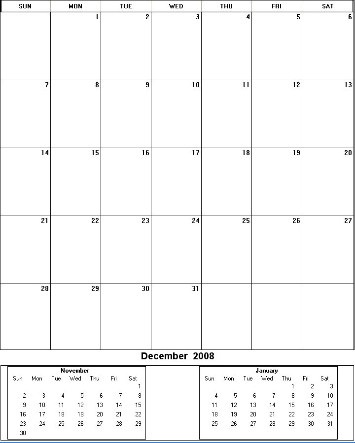printable blank calendar image for December 2008