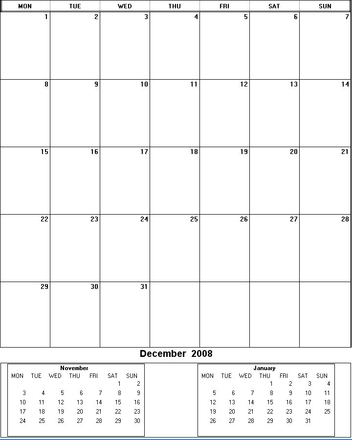 printable blank calendar image for December 2008