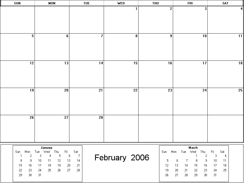 printable blank calendar image for February 2006