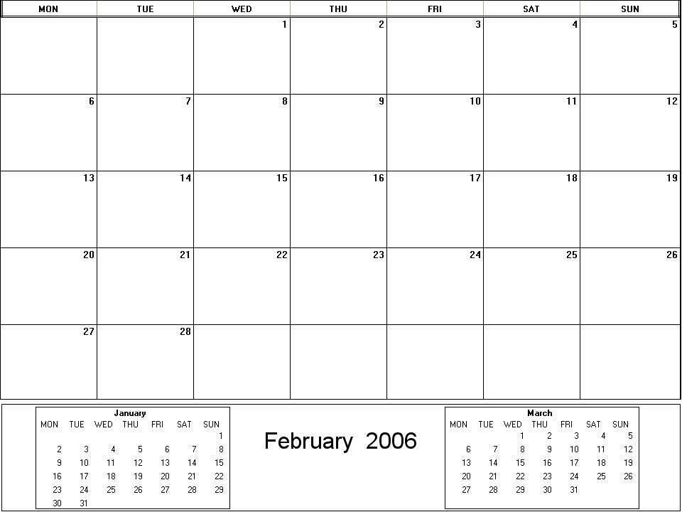 printable blank calendar image for February 2006
