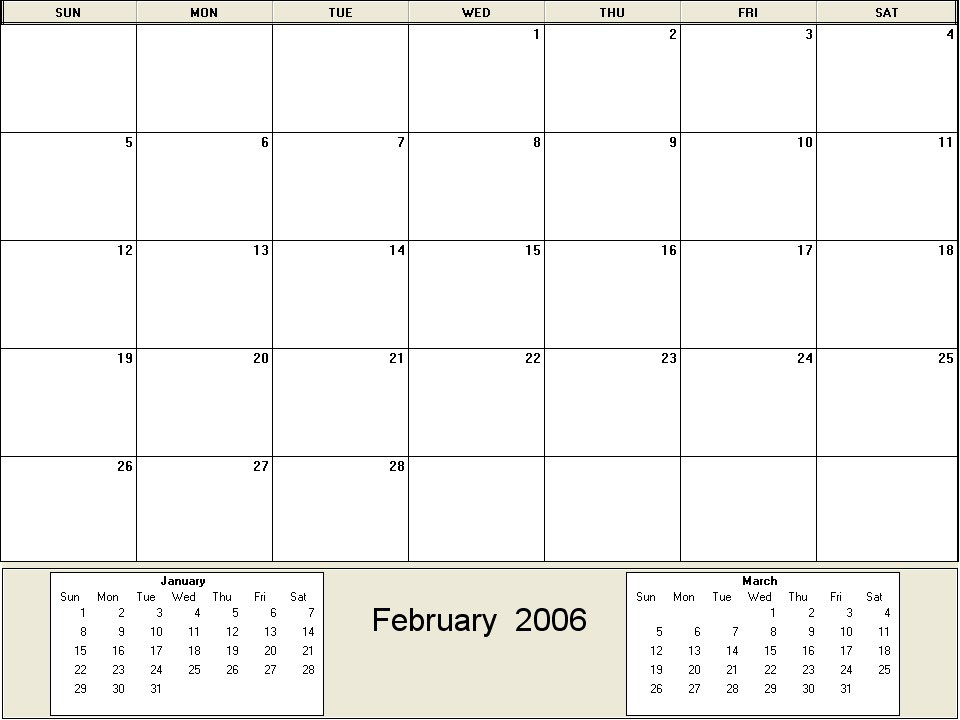 printable blank calendar image for February 2006