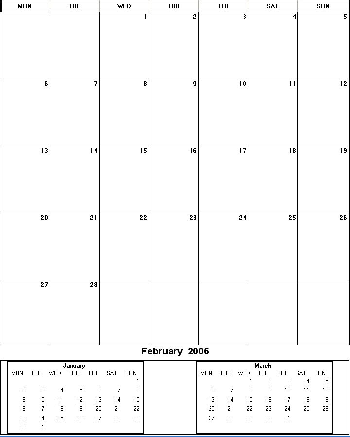 printable blank calendar image for February 2006