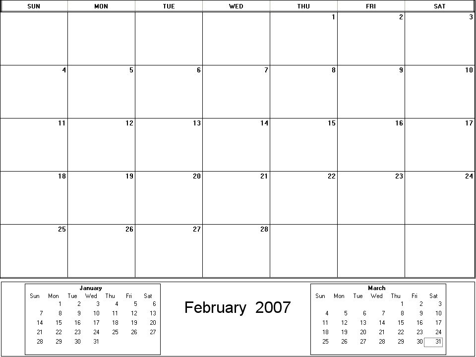 printable blank calendar image for February 2007