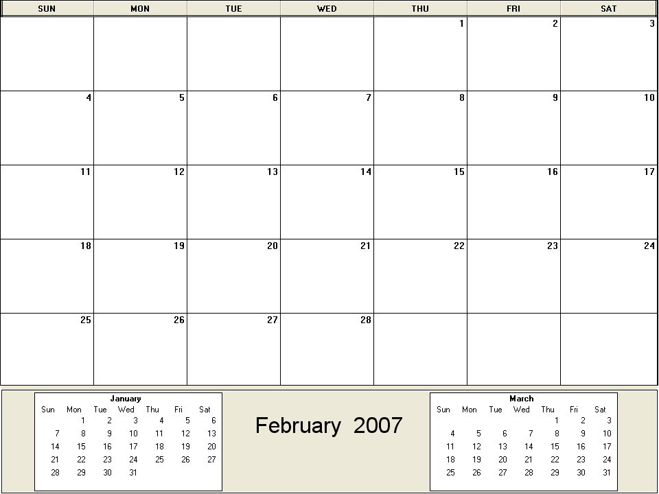 printable blank calendar image for February 2007