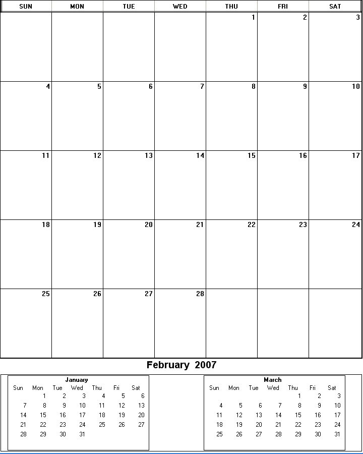 printable blank calendar image for February 2007