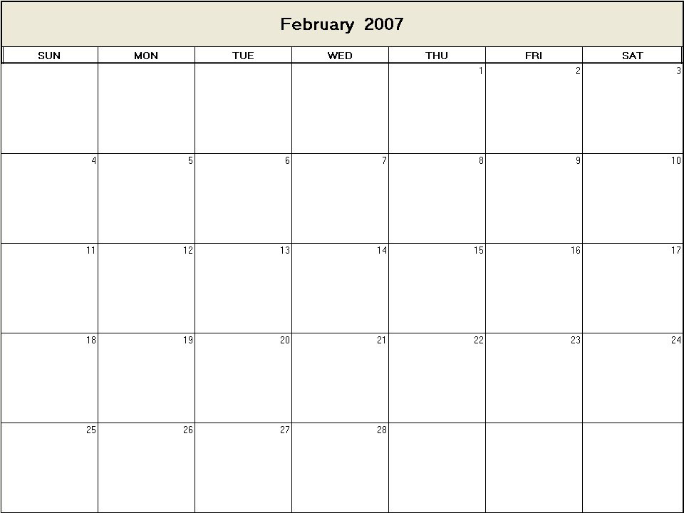 February 2007 printable blank calendar