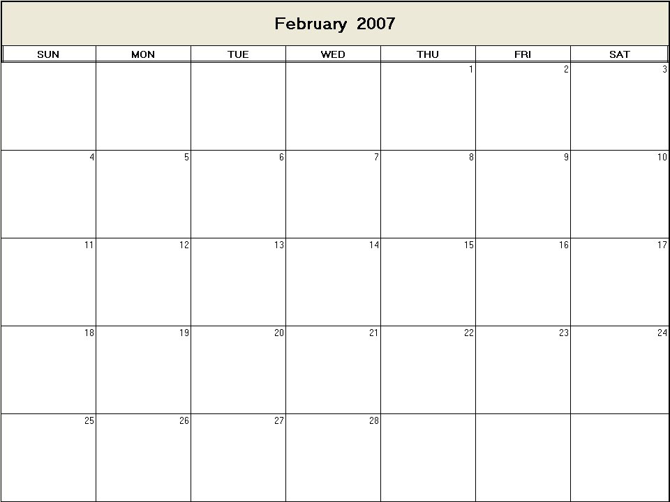 printable blank calendar image for February 2007