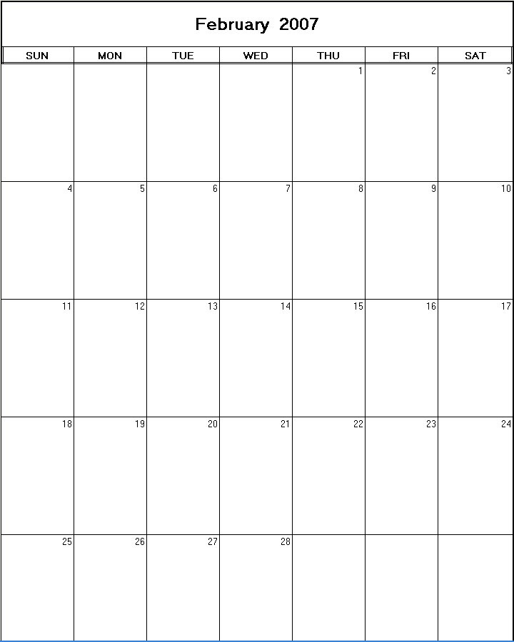 printable blank calendar image for February 2007