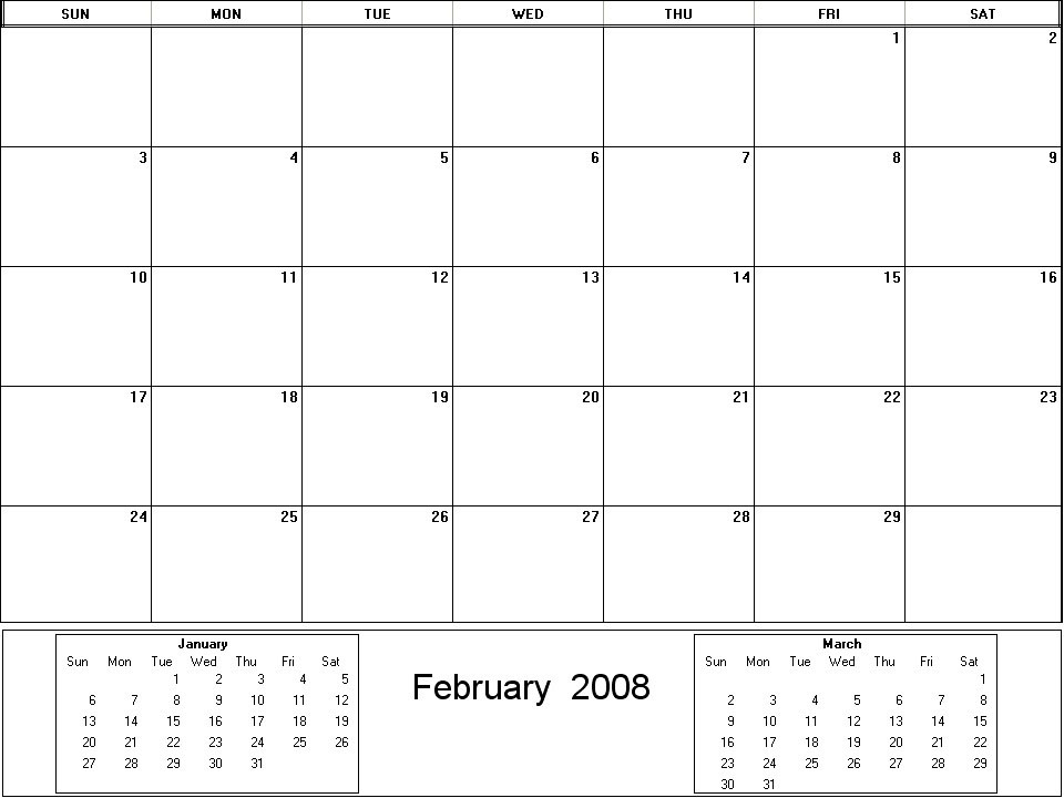 printable blank calendar image for February 2008