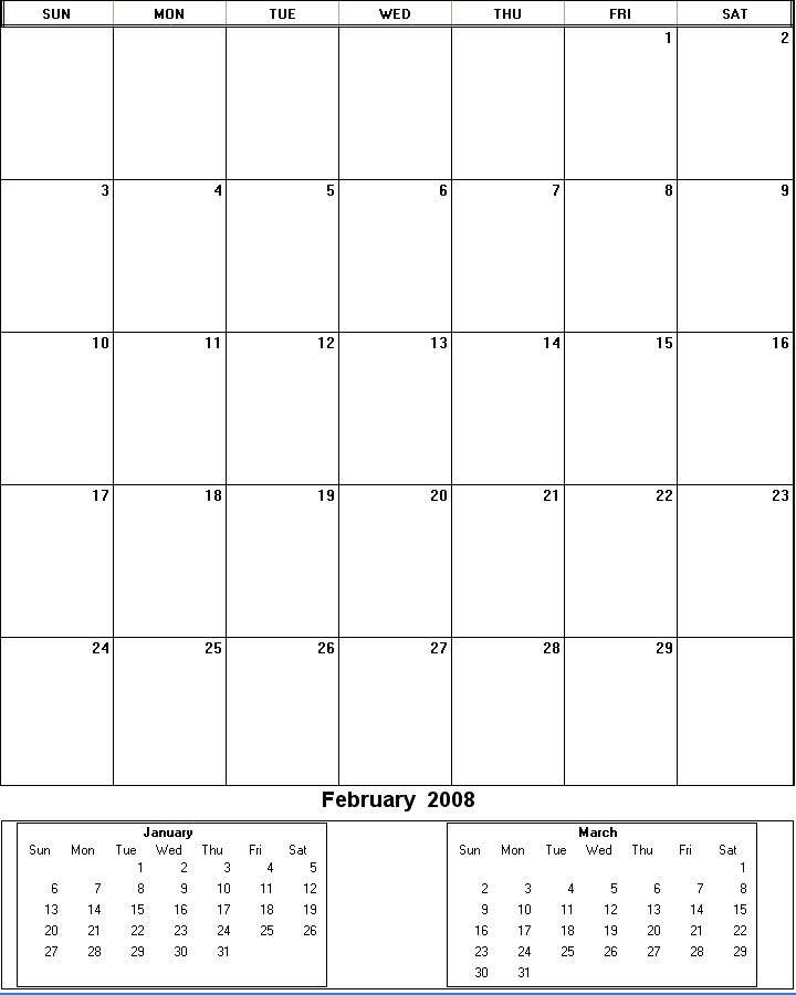 printable blank calendar image for February 2008