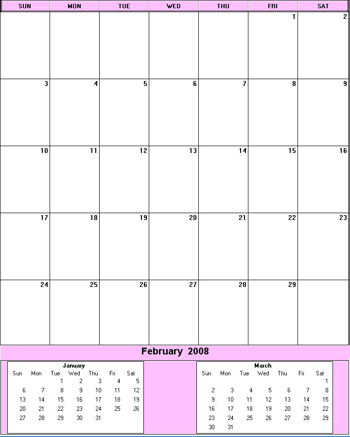 printable blank calendar image for February 2008
