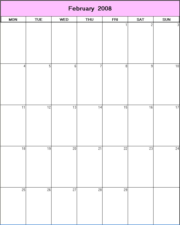 February 2008 printable blank calendar